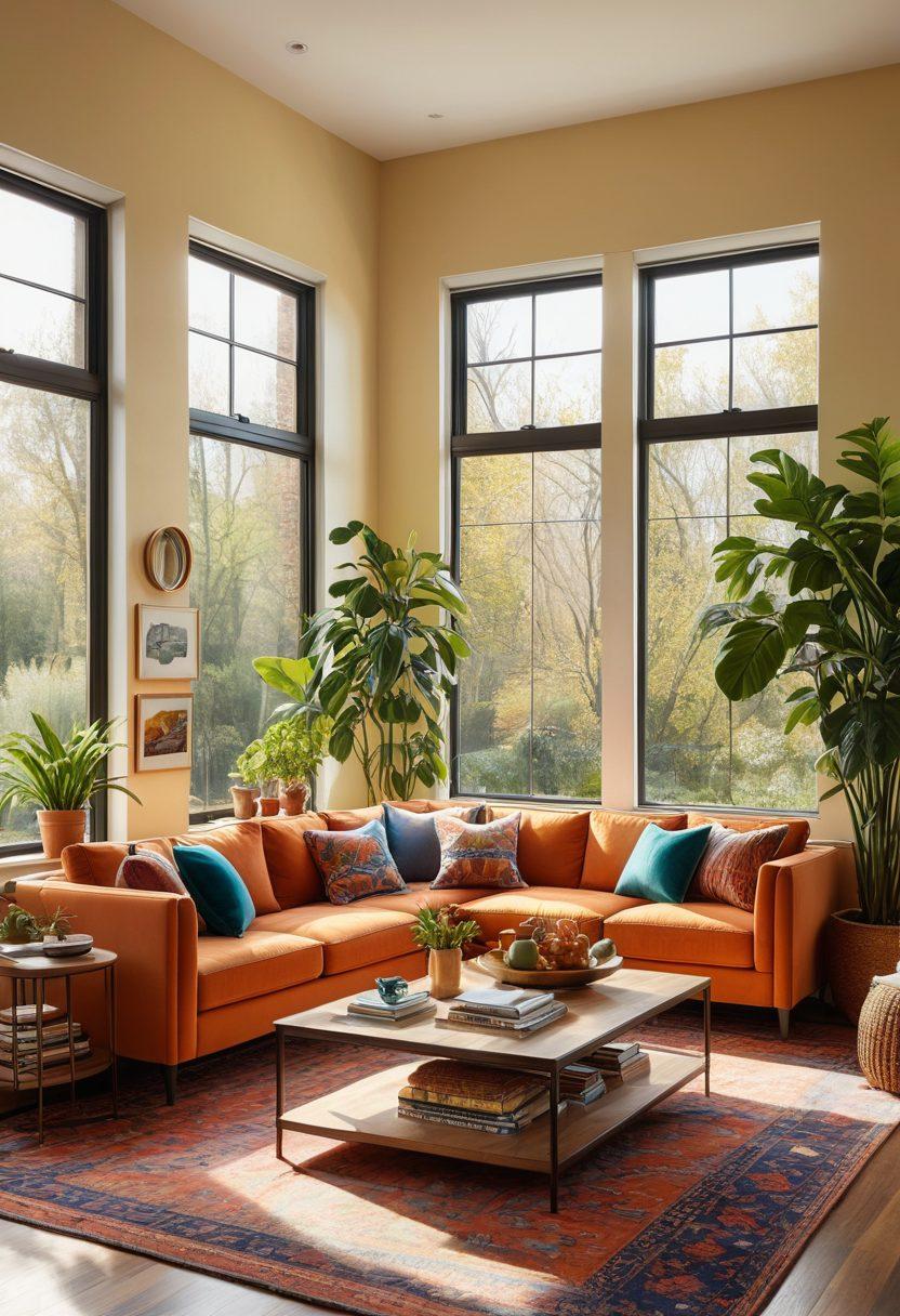 A cozy and vibrant living room featuring functional furniture like a stylish sofa, a chic coffee table, and personalized decor items that reflect happiness. The sunlight streams in through large windows, casting warm shadows on the walls adorned with colorful art. Plants in the corners add a touch of nature, creating an inviting atmosphere. The overall scene embodies a harmonious blend of style and comfort. super-realistic. warm colors. natural light.