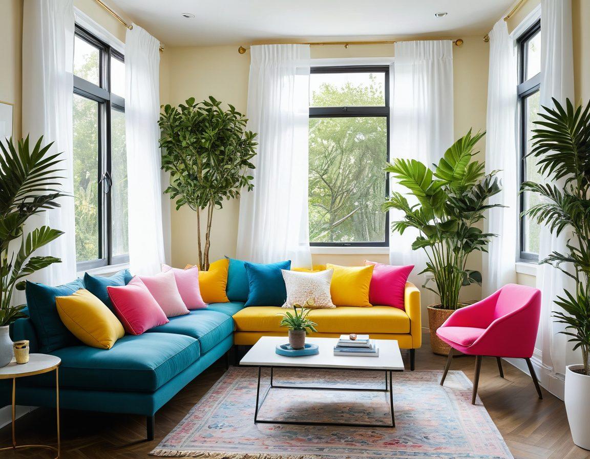 A bright and inviting interior space showcasing cheerful furnishings like a cozy couch adorned with colorful pillows, a sunny window with flowing curtains, and playful decor accents. The room should exude warmth and happiness, incorporating lush indoor plants and vibrant wall art. Add soft lighting for a welcoming ambiance and a splash of creativity with unique decor items. super-realistic. vibrant colors. airy and bright.